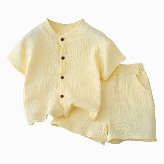 Infant Baby Boy Summer Clothes Set Solid Cotton Muslin Button-Down Shirt and Shorts Set 2Pcs Baby Boys Cotton Summer Clothes Size 12M-5Y