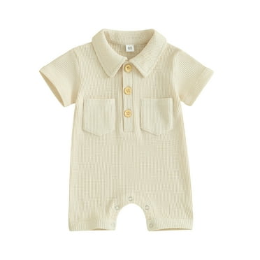 Infant Baby Boy Summer Jumpsuit Solid Color Waffle Short Sleeve Lapel Pocket Romper Newborn Bodysuit