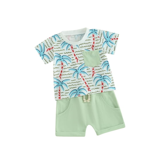 Infant Baby Boy Summer Set Round Neck Short Sleeve Coconut Tree Print Tops + Elastic Waist Shorts Toddler 2 Piece Outfits