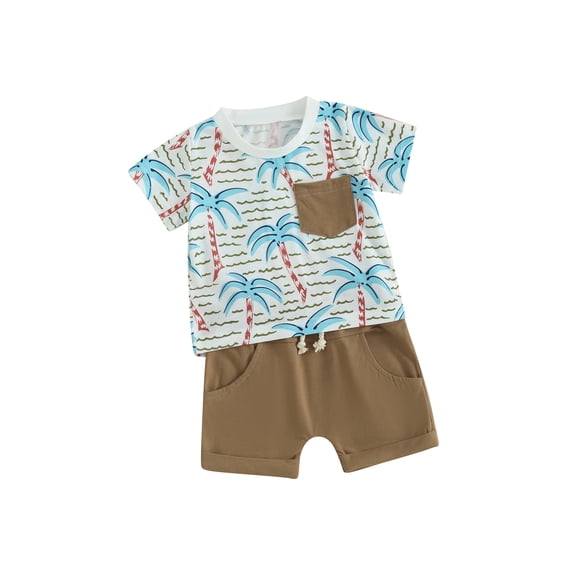 Infant Baby Boy Summer Set Round Neck Short Sleeve Coconut Tree Print Tops + Elastic Waist Shorts Toddler 2 Piece Outfits