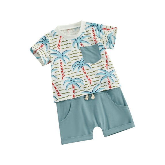 Infant Baby Boy Summer Set Round Neck Short Sleeve Coconut Tree Print Tops + Elastic Waist Shorts Toddler 2 Piece Outfits