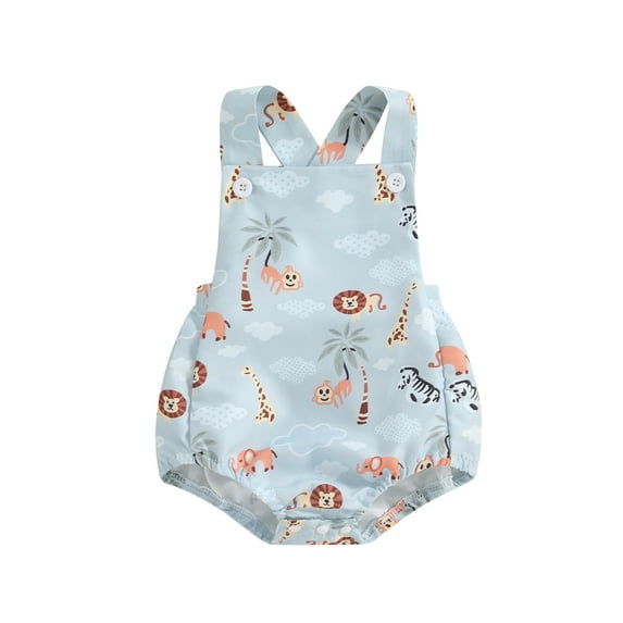 Infant Baby Boy Summer Sleeveless Romper Square Neck Tree Elephant Print Adjustable Overalls Jumpsuit
