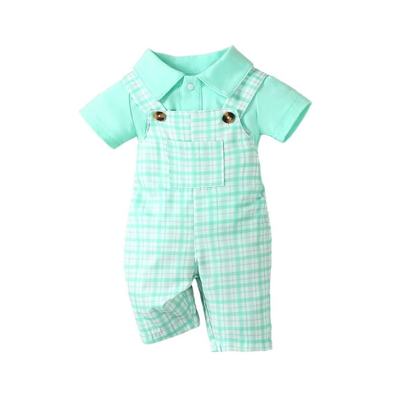 Infant Baby Boys Clothes 3 Months Boys Outfits 6 Months Boys Short Sleeve Top Plaid Overall Shorts 2PCS Boys Summer Clothing Set Green