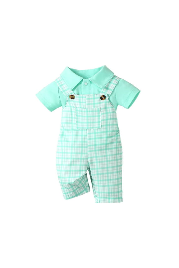 Infant Baby Boys Clothes 3 Months Boys Outfits 6 Months Boys Short Sleeve Top Plaid Overall Shorts 2PCS Boys Summer Clothing Set Green