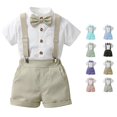 thumbnail image 1 of Baby Boys Clothes 3 Piece Outfit Toddler Baby Short Sleeve Dress Shirt Suspenders Shorts Set with Shirt and Bowtie for Wedding Birthday Party Clothing Set, 1 of 4