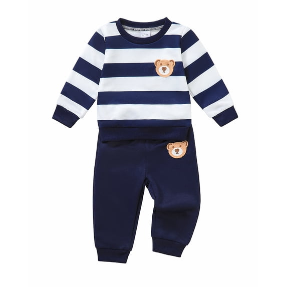 Infant Baby Boys Clothes 6 Months Boys Fall Winter Outfits 12 Months Boys Long Sleeve Round Neckline Stripe Sweatshirt Pants 2PCS Clothing Set Blue