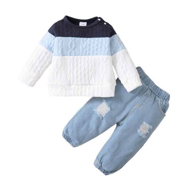 Infant Baby Boys Clothes Baby Boys Outfits Long Sleeve Round Neckline Top Denim Pants Set Blue 6