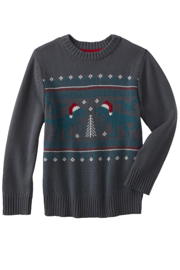 Infant Baby Boys Dark Grey T-Rex Dinosaur Christmas Xmas Holiday Sweater 18M