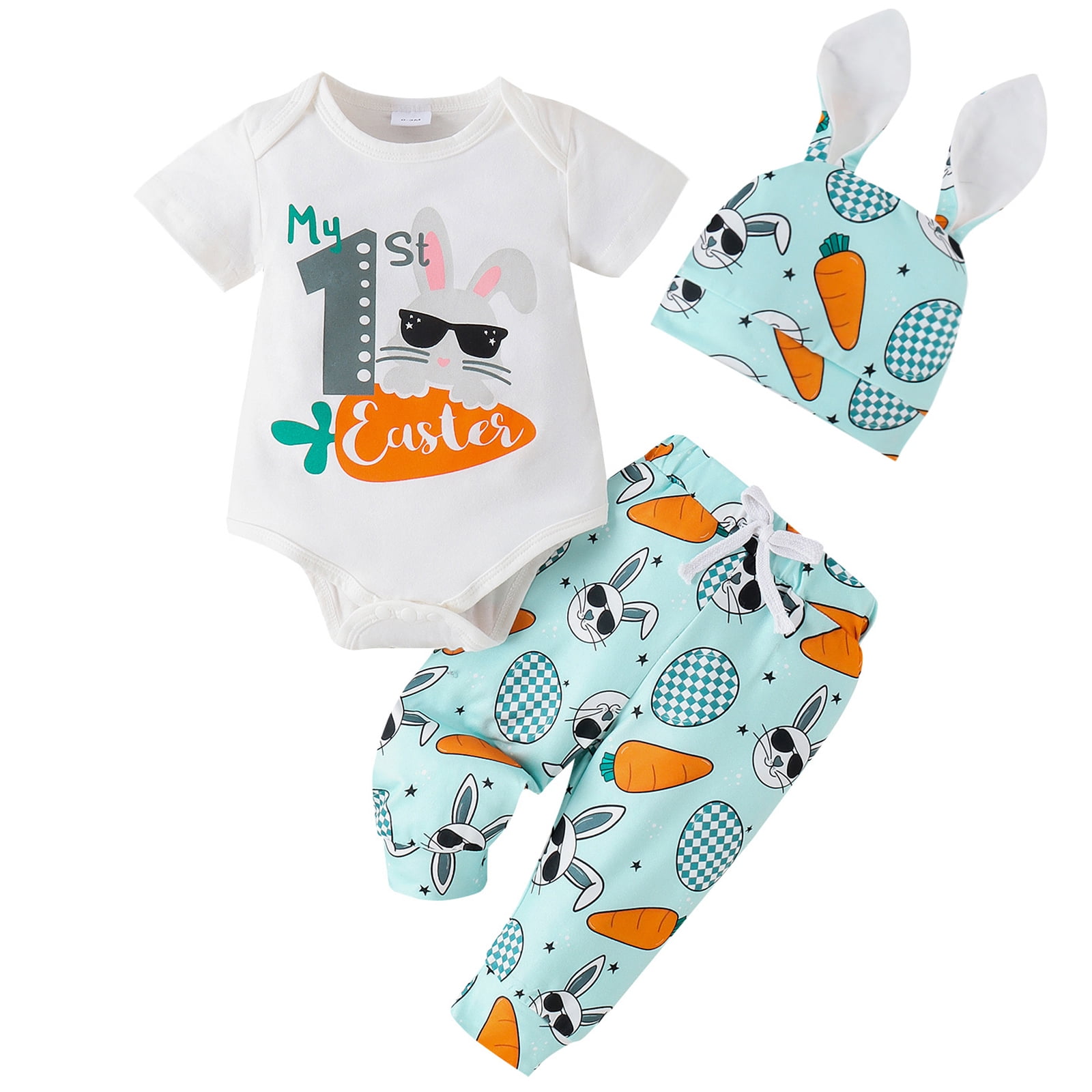 Infant Baby Boys Easter Suit Bunny Carrot Print Romper and Pants Hat Set Summer Clothes Outfits