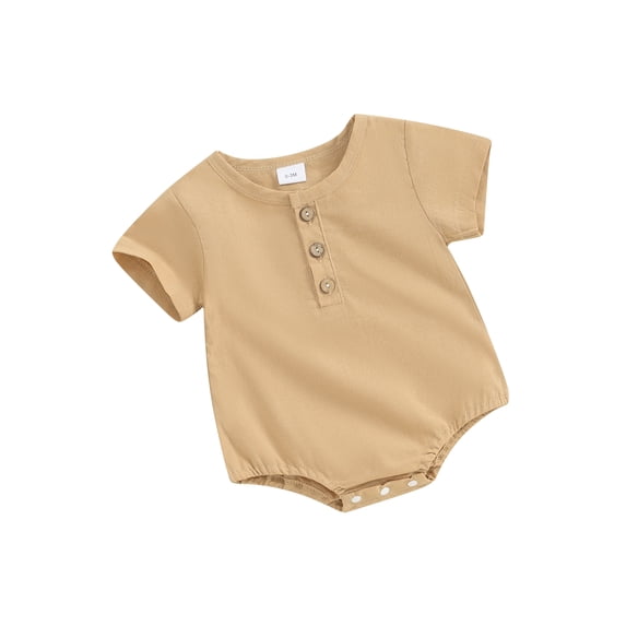 Infant Baby Boys Girls Cotton Linen Romper Solid Color Round Neck Short Sleeve Front Button Jumpsuit