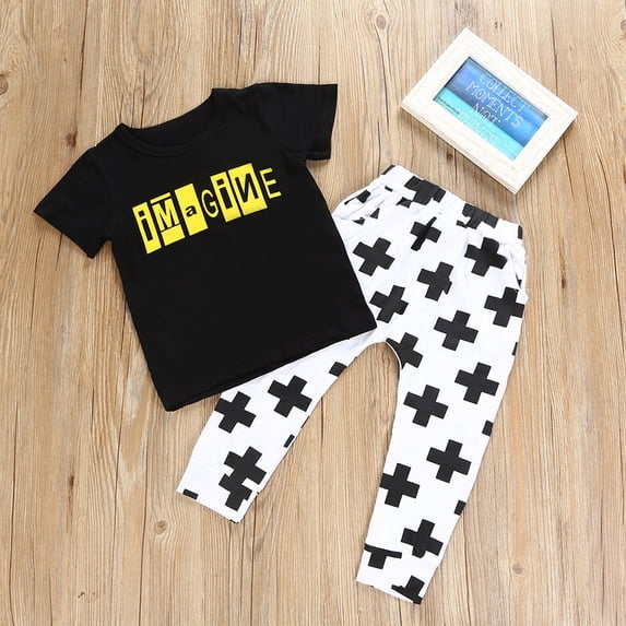 Infant Baby Boys Girls Letter Print T-shirt Pants Trousers Outfits Set Boys Baby Boys Short Sleeve Boys Set with Bow Tie Toddler Wedding
