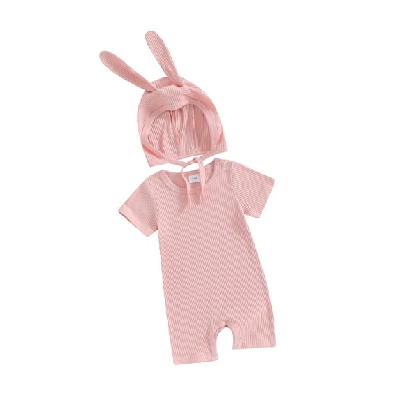 Infant Baby Boys Girls Summer Outfit, Short Sleeve Crew Neck Solid Jumpsuit with Rabbit Ears Hat