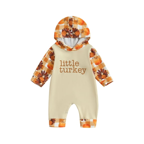 Infant Baby Boys Girls Thanksgiving Outfits Little Turkey Pumpkin Print Jumpsuit Long Sleeve Patchwork Hooded Romper Fall Clothes
