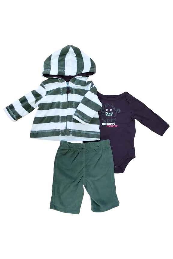 Infant Baby Boys Green Fleece Hooded Jacket Pant Cotton Bodysuit 3 Pc Set 0-3M
