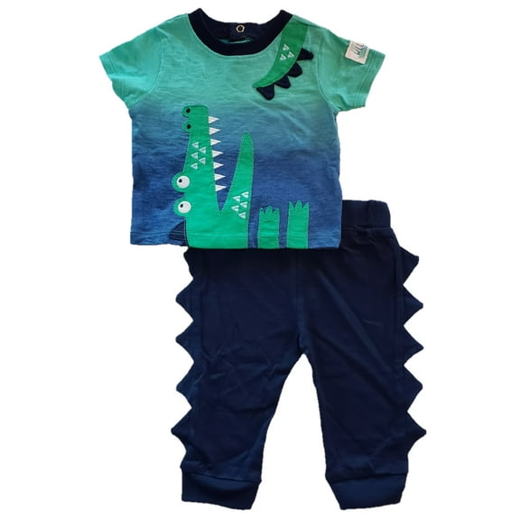 Infant Baby Boys Navy Blue & Green Sea Monster Short Sleeve Shirt & Pant Set 3M