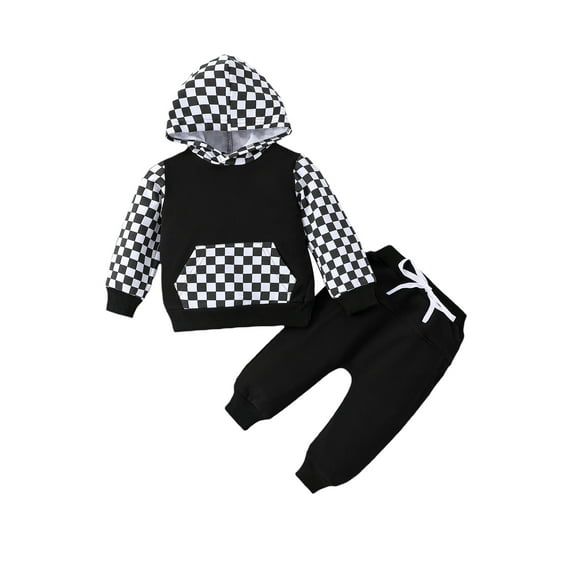 Infant Baby Boys Pants Set, Long Sleeve Hooded Plaid Hoodie with Elastic Waist Sweatpants Set