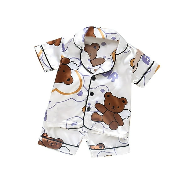 Infant Baby Boys Silk Pajamas Short Sleeve Button Down Shirt Shorts Cute Printed Satin Sleepwear Toddler 2 PCS Pj Set