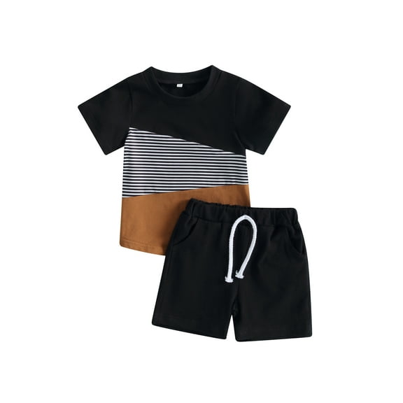 Infant Baby Boys Summer Clothes Sets 6M 12M 18M 24M 3T 4T Block Short Striped T-shirt Elastic Shorts Set Toddler Clothes Outfits
