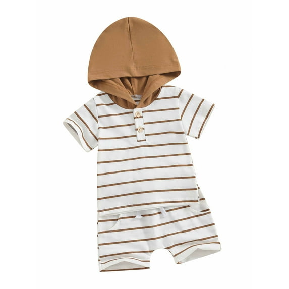 Infant Baby Boys Summer Stripe Print Short Sleeve Hood T-Shirt with Elastic Waist Shorts Outfit