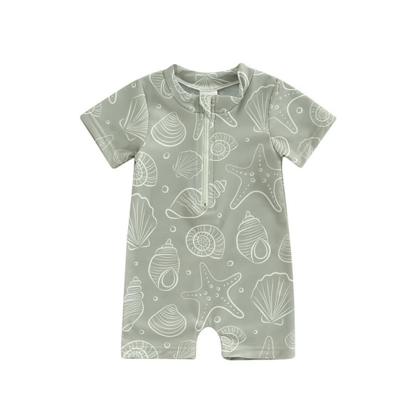 Infant Baby Boys Summer Swimwear Cute Sea Element Print Zipper Short Sleeve One-piece Swimsuit Bathing Suit