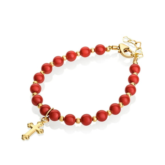 Infant, Baby Christening Bracelet, Toddler, Child , Communion gold filled with red coral gem  pearls (BGRC)