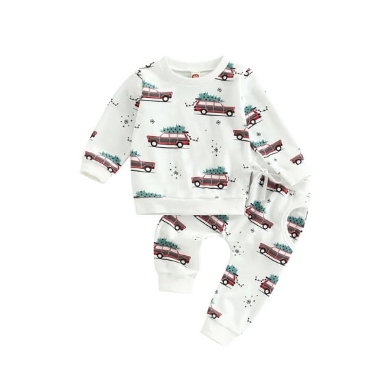 Infant Baby Christmas Clothes 2Pcs Set Cartoon Car Print Long Sleeve Round Neck Pullover + Elastic Waist Long Pants