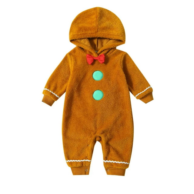 Filgriox Toddler Boy Girl Christmas Clothes Gingerbread Man Costume Baby Long Sleeve Zipper Jumpsuit One Piece Outfit + Hat (Khaki, 6-12 Months