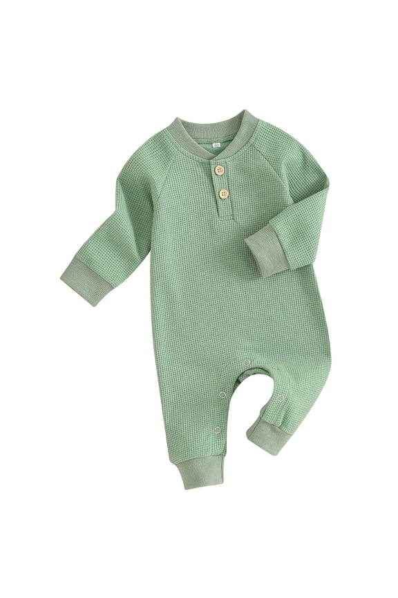 Infant Baby Fall Waffle Jumpsuit Solid Color Long Sleeve Full Length Romper Toddler Clothes