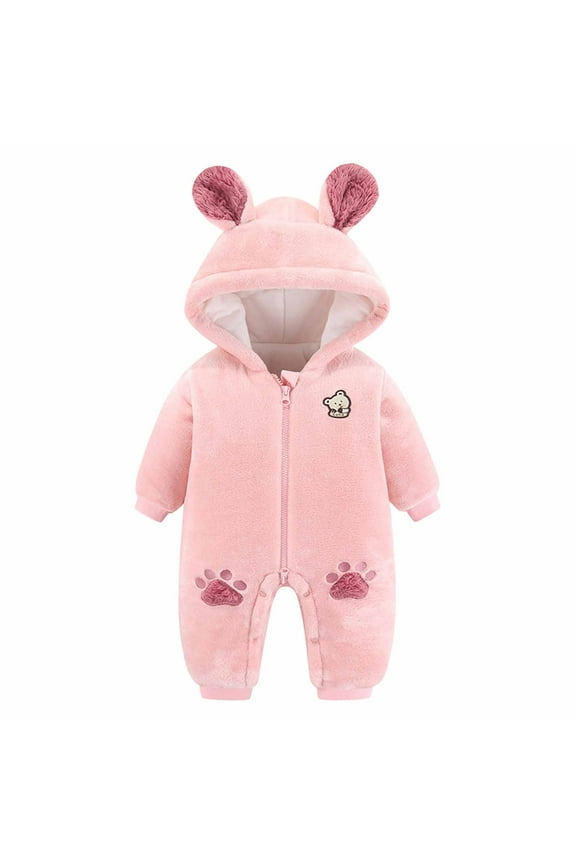 Infant Baby Fleece Jumpsuit Winter Warm Thick Flannel Long Sleeve Rompers Animal Onesies Cute Hooded Newborn Clothes, Pink, 12 Months