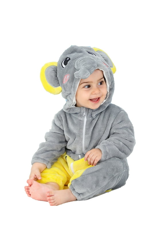 Infant Baby Fleece Jumpsuits Elephant Onesie Pajama Toddler Hooded Romper Plush Zipper Winter Warm Snowsuit Coat