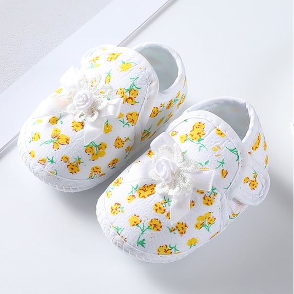 Infant Baby Floral Print Flower Decor Crib Shoes, Lightweight Soft Sole Non‑slip Pre‑walker Footwear for Newborn Girls Yellow 12