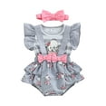 thumbnail image 1 of Infant Baby Girl 2Pcs Outfit Pleated Fly Sleeves Cartoon Print Ruffle Romper Bodysuit + Bow Headband, 1 of 9