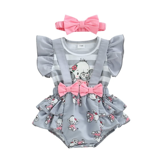 Infant Baby Girl 2Pcs Outfit Pleated Fly Sleeves Cartoon Print Ruffle Romper Bodysuit + Bow Headband