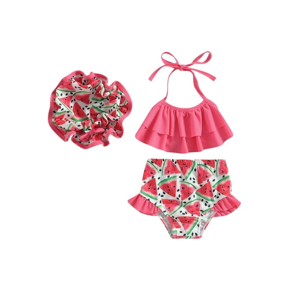 Infant Baby Girl 3 Piece Bikini Set Sleeveless Halter Swimsuits Top +Swim Shorts +Hat Swimwear Bathing Suit Beach Wear