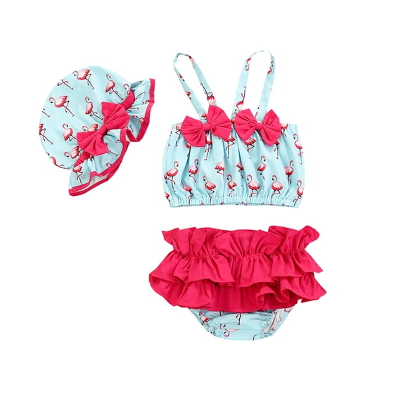 Infant Baby Girl 3Piece Swimsuits Flamingo Printed Bowknot Baby Swimwear Summer Sling Camisole+Ruffled Shorts with Hat