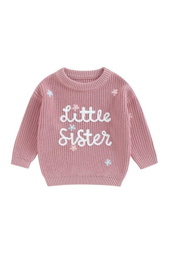 Infant Baby Girl Big Little Sis Matching Sweater FloralLetter Embroidery Long Sleeve Pullover Fall Winter Top Clothes