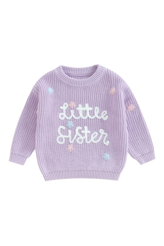 Infant Baby Girl Big Little Sis Matching Sweater FloralLetter Embroidery Long Sleeve Pullover Fall Winter Top Clothes
