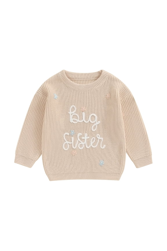 Infant Baby Girl Big Little Sis Matching Sweater FloralLetter Embroidery Long Sleeve Pullover Fall Winter Top Clothes