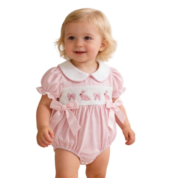 Baby Girl Bodysuit Easter Bunny Print Peter Pan Collar Short Sleeve Striped Romper Toddler Soft Pink 6 Months-12 Months