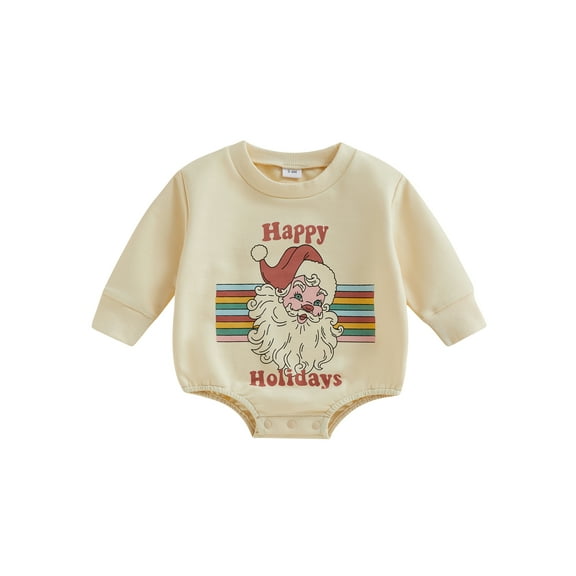 Infant Baby Girl Boy Christmas Outfit Santa Print Long Sleeve Oversized Sweatshirt Romper Onesie Fall Winter Clothes
