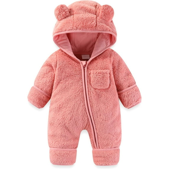 Baby Girl Boy Hooded Jumpsuit Cute Bear Ear Long Sleeve Bodysuit Warm Outfits Winter Outwear Outfits for Girls Boys 18-24 Months