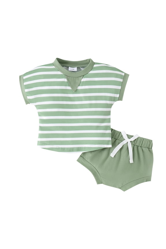 Infant Baby Girl Boy Summer Green Outfit Set Sleeveless Stripe Shirt Top Solid Shorts Cotton Clothes