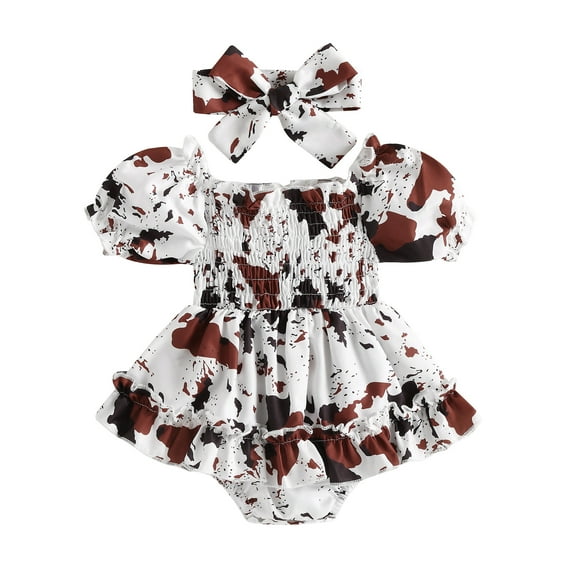 Infant Baby Girl Bubble Romper 6M 12M 18M 24M Ruffled Dress Cow Print Onesie Summer Dresses Cute Clothes and Headbands