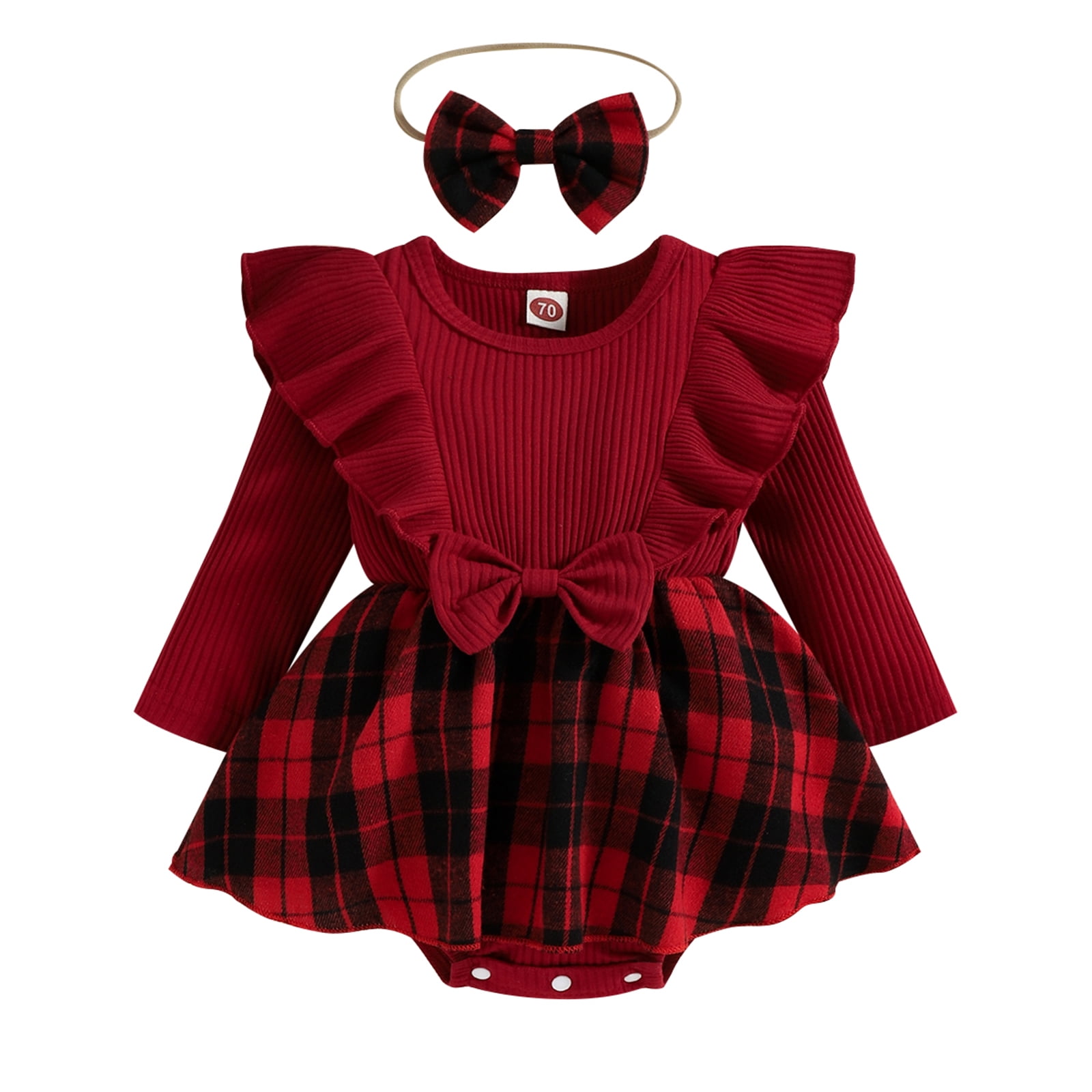 Infant Baby Girl Christmas Outfit Red Plaid Dress Ribbed Ruffle Romper ...