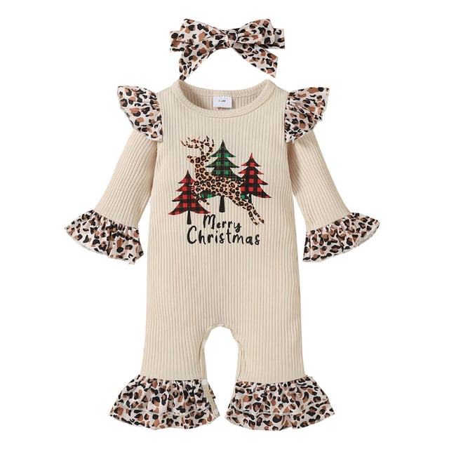 Infant Baby Girl Christmas Tree Outfits Long Sleeve Romper Headband One