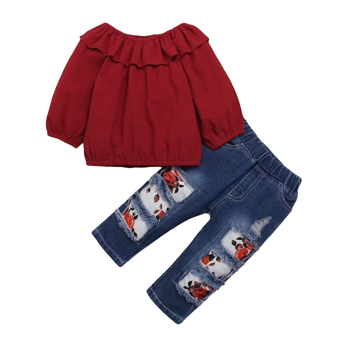 Infant Baby Girl Clothes Baby Girl 2PCS Outfits Long Sleeve Ruffle Collar Top Jeans Pants Set Wine Red 6-9 Months