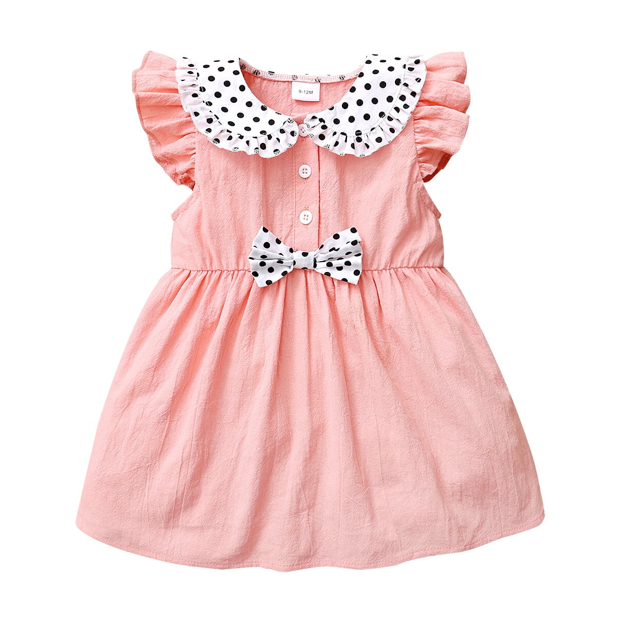 Infant Baby Girl Clothes Baby Girl Dress Ruffle Sleeve Polka Dots Collar Dress Baby Girl Summer Dress Cute Bowknot Pink Dress 6-9 Months