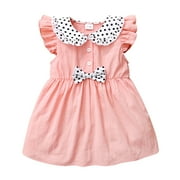Infant Baby Girl Clothes Baby Girl Dress Ruffle Sleeve Polka Dots Collar Dress Baby Girl Summer Dress Cute Bowknot Pink Dress 6-9 Months