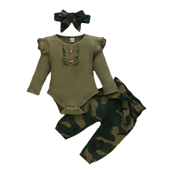 Infant Baby Girl Clothes Baby Girl Outfits Long Sleeve Romper Top Camouflage Pants Headband 3PCS Set Army Green 9-12 Months