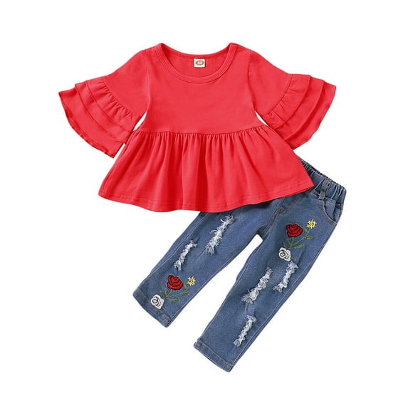 Infant Baby Girl Clothes Baby Girl Outfits Ruffle Long Sleeve Shirt Top Jeans Pants 2PCS Clothing Set 9-12 Months